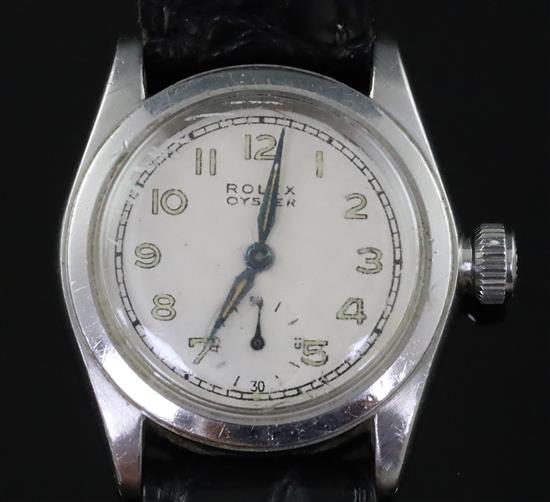 A gentlemans 1940s stainless steel boys size Rolex Oyster manual wind wrist watch,